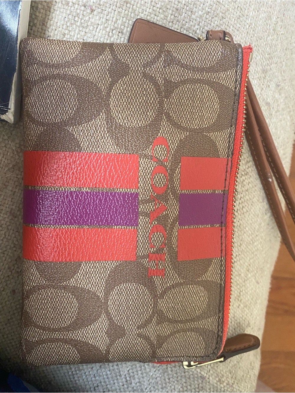 Coach Brown Signature Canvas Wristlet with Coral & Purple Stripes